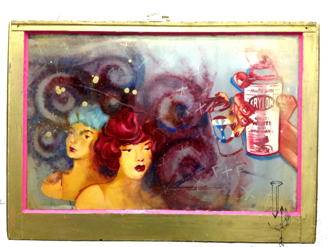 Vintage hair manequinns and spray cans on window in mixed media with resin.