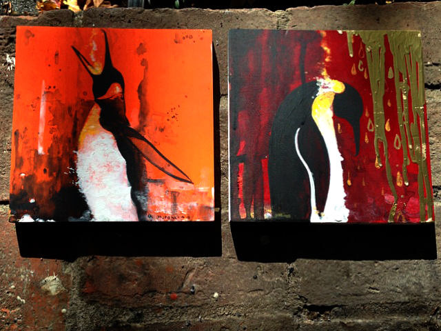 Penguins, mixed media paintings on wood.