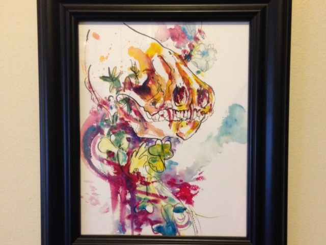 Animal skulls, flowers and clovers in watercolor. Framed print.