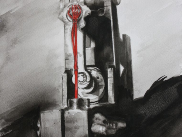 Image of rotary tattoo machine painted in tattoo ink with watercolor skeleton needle bar. 2011