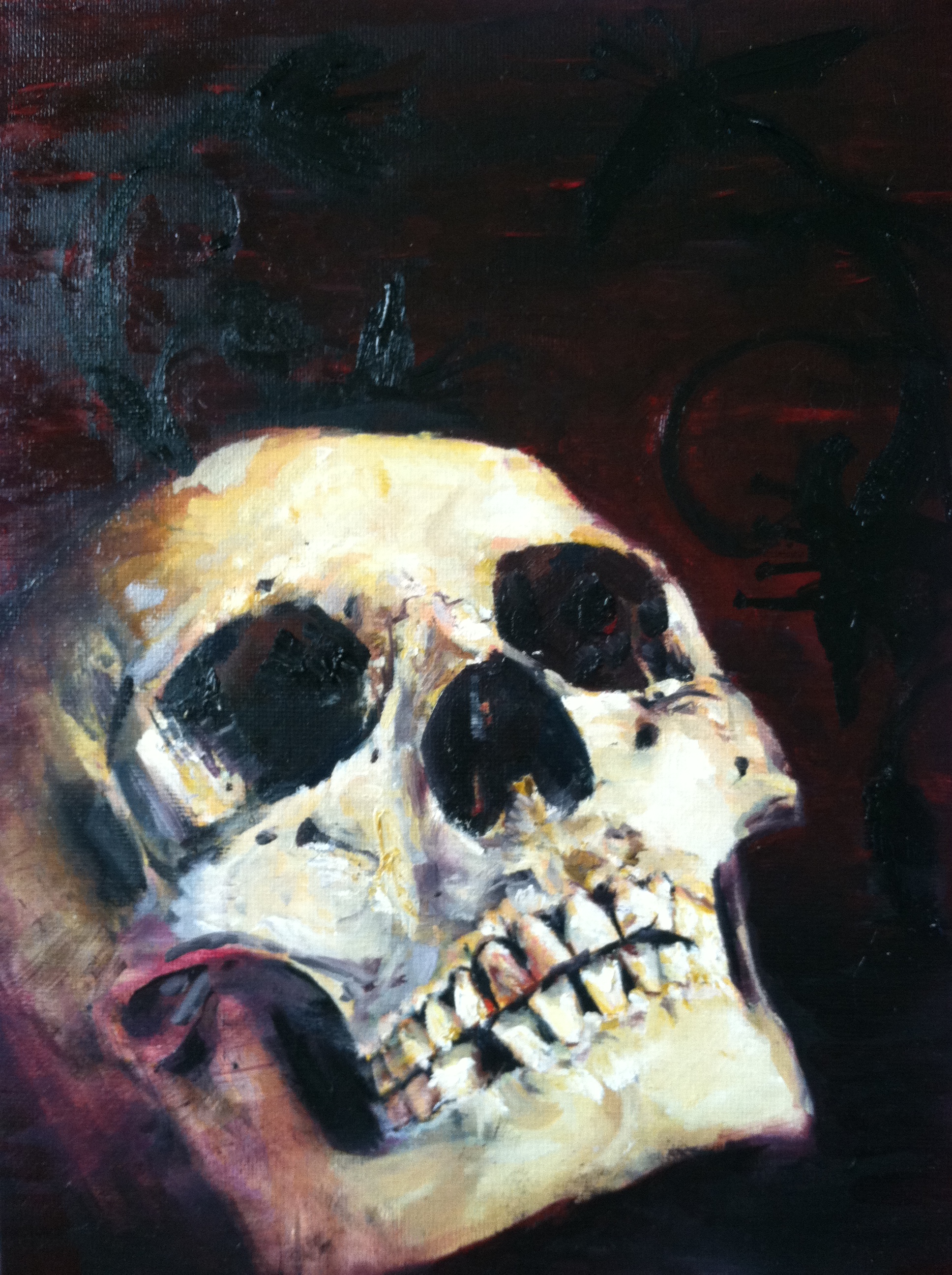Human skull painted in oil from photo reference with flower silhouettes.