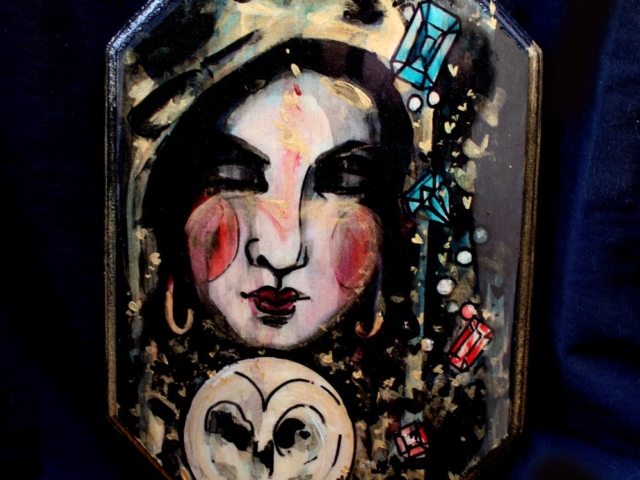 Gypsy and crystal ball. Acrylic and mixed media on wood sealed in resin. 2016