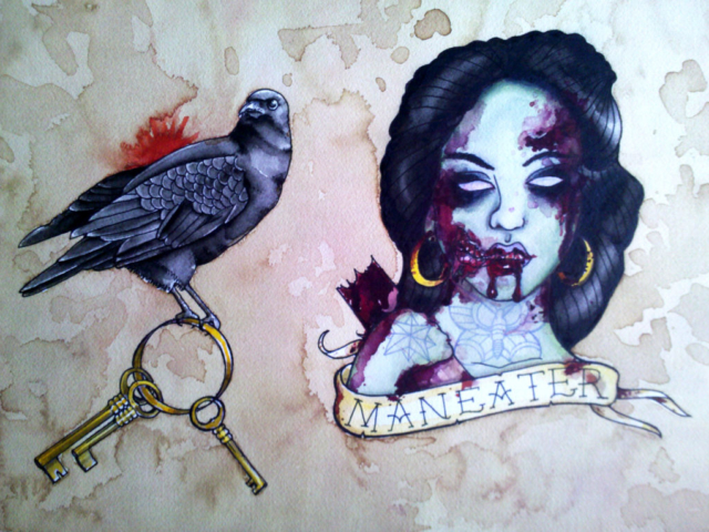 Crow and zombie flash images in watercolor with coffee background.